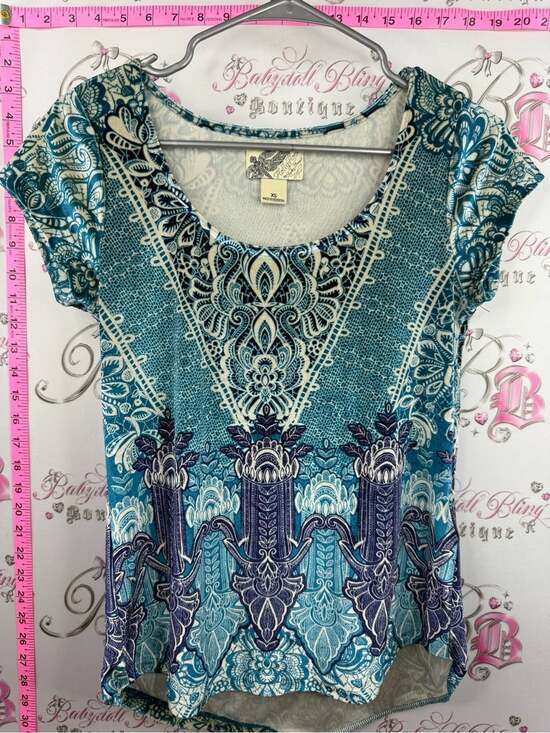 Lucky Brand Tops - Lucky Brand HOLLY flock Teal and Navy Short Sleeve Printed Scoop Neck Top